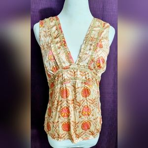 Shine NY Gypsy Silk Top blouse orange tones embroidered gold ribbon M sleeveless